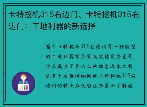 卡特挖机315右边门、卡特挖机315右边门：工地利器的新选择